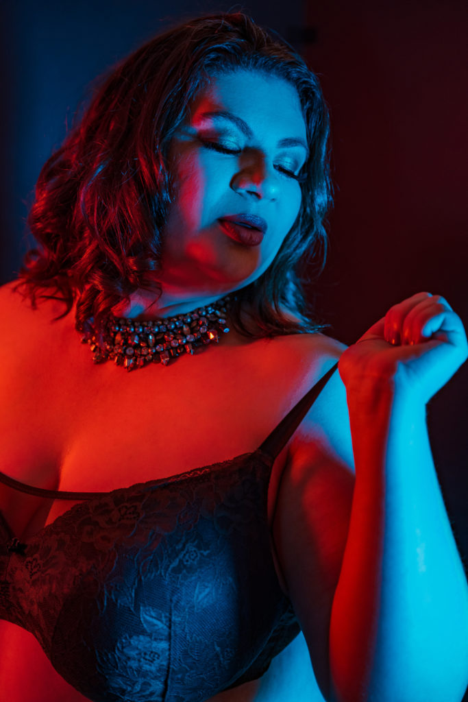 Red and Blue Neon Light Plus Size Boudoir Photography